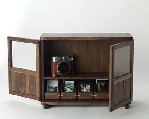 008_mei – Compact Walnut & Glass Cabinet with Five Drawers for Instax Mini Film